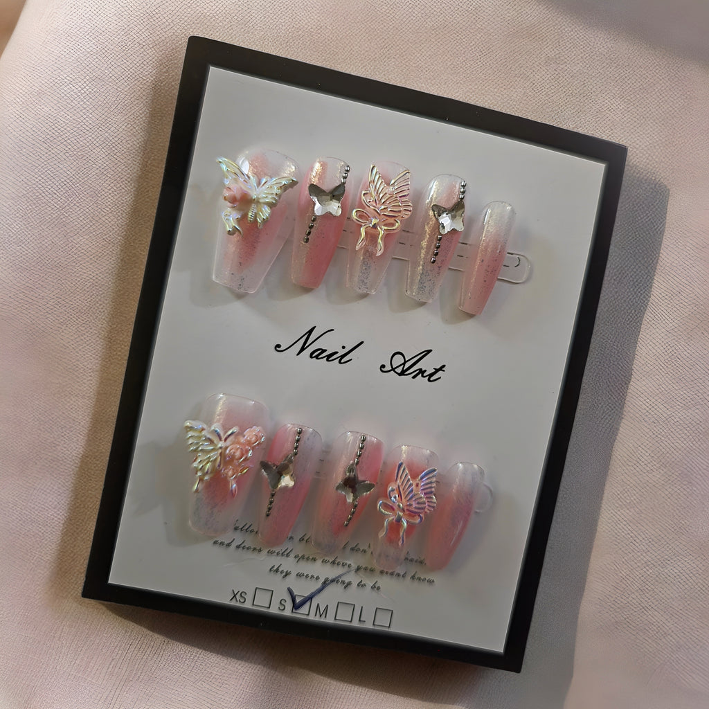 Clear Pink Butterfly Coffin - Press On Nails