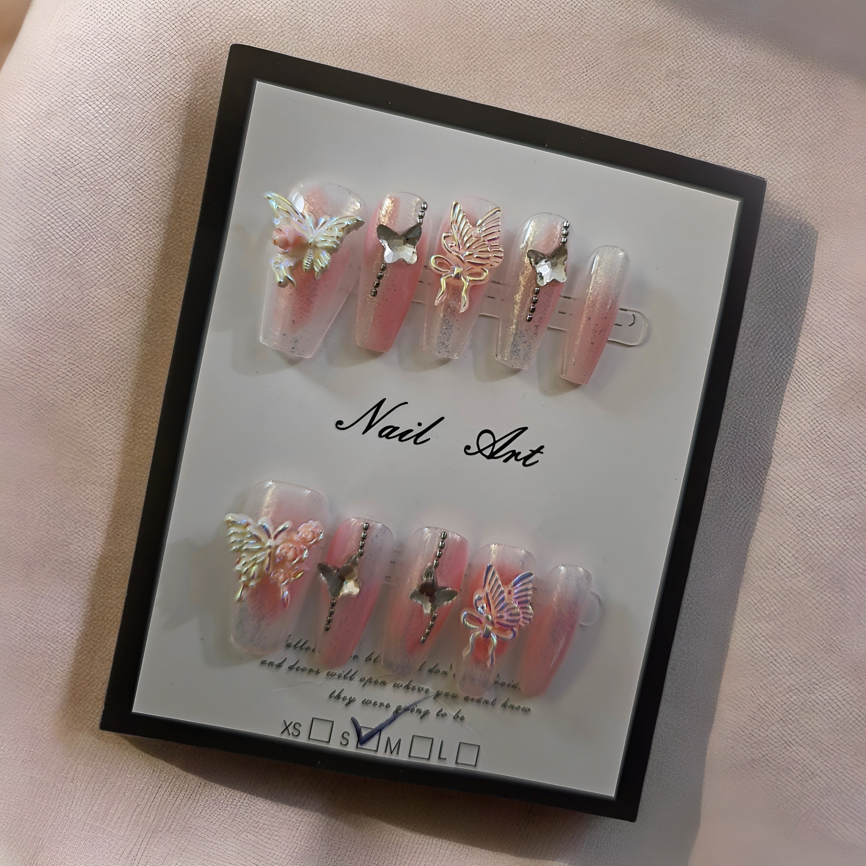 Clear Pink Butterfly Coffin - Press On Nails