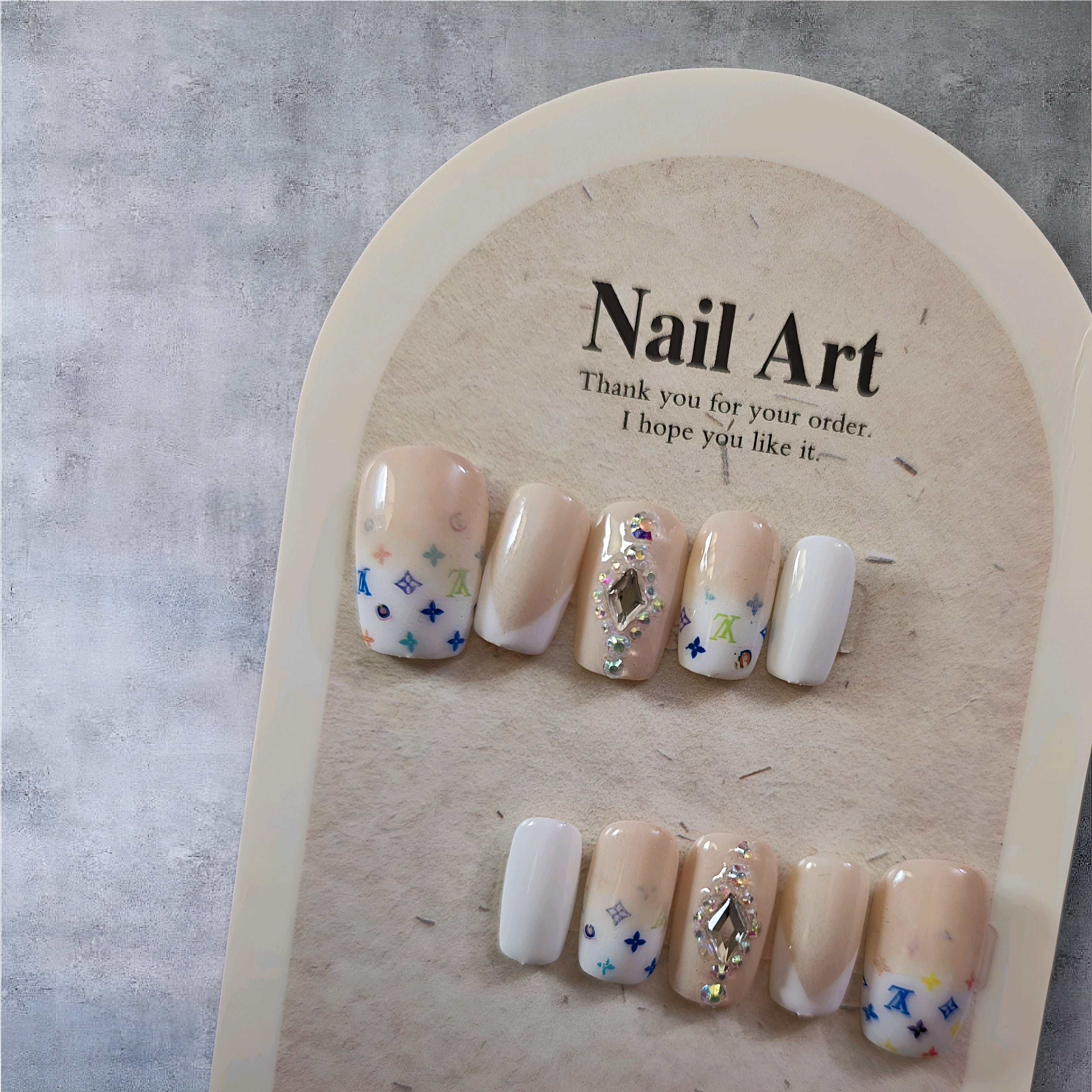 Square White Tip LV Designer w/ Silver Gemstone - Press On Nails
