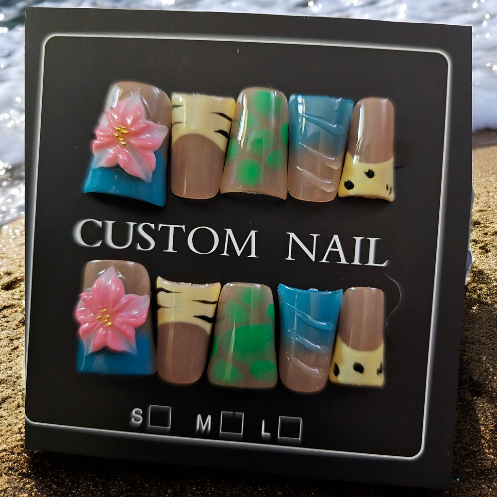 Pink Nude Ombre Duck Nails with Daisies & Zebra - Press On Nails