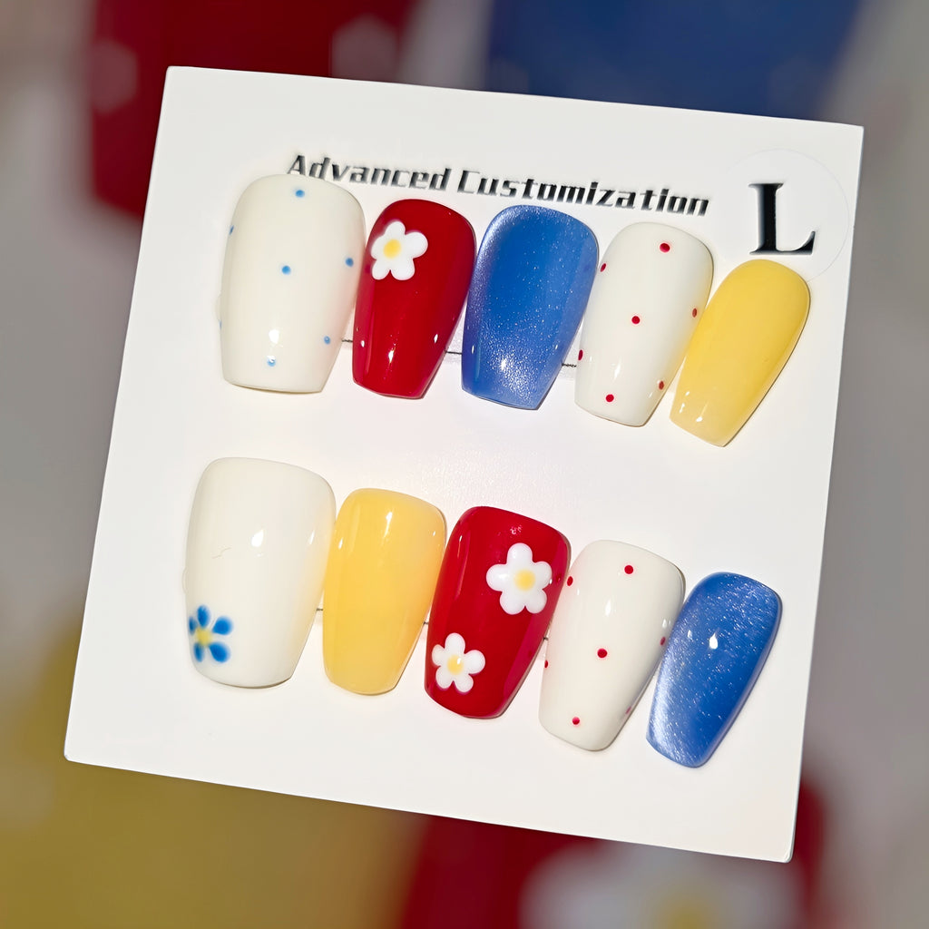Coffin Primary Colors with Daisies & Polka Dots - Press On Nails