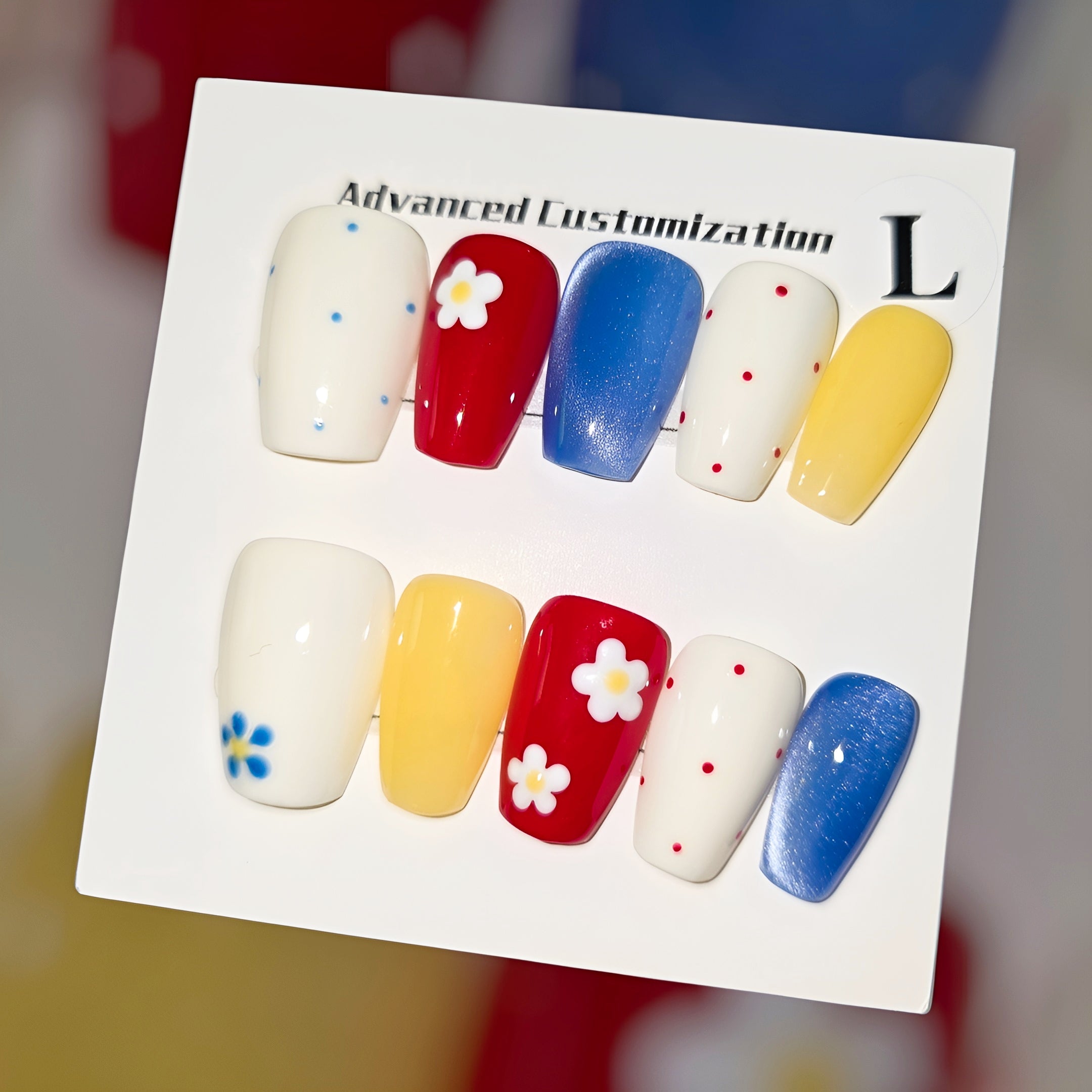 Coffin Primary Colors with Daisies & Polka Dots - Press On Nails