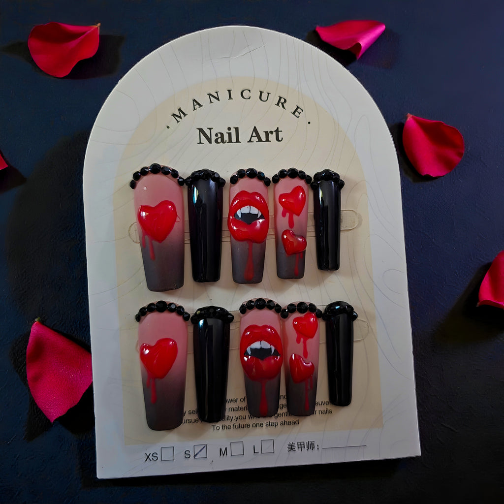 Red Black Valentine Lips Fang - Press On Nails