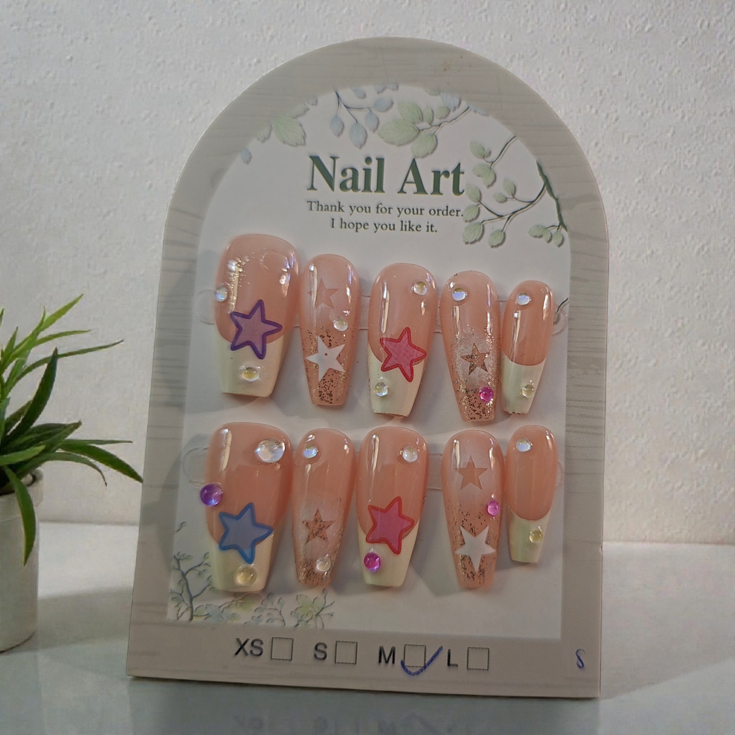 Long Coffin French Tip with Colorful Stars - Press On Nails