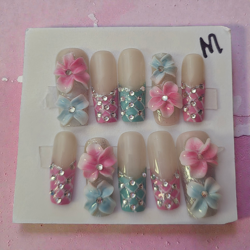Square Nude with Pastel Flowers & Rhinestones - Press On Nails