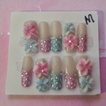 Square Nude with Pastel Flowers & Rhinestones - Press On Nails
