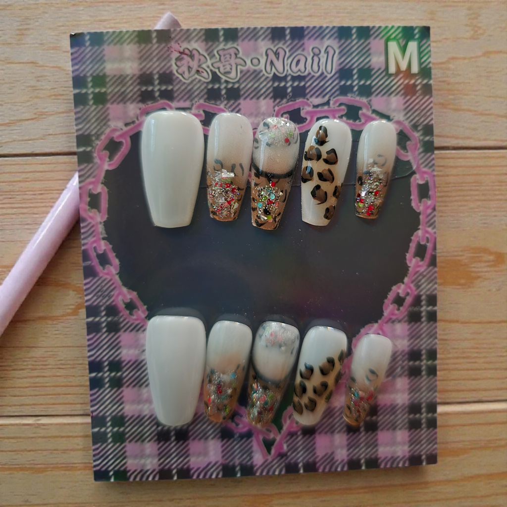 Coffin Nude Leopard with Gold Glitter & Gems - Press On Nails (Medium)