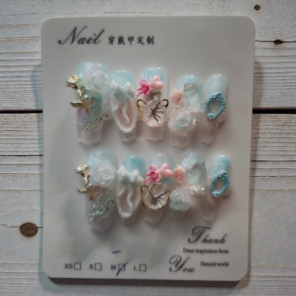 Coffin Cloud Marble with Gold Butterfly & Florals - Press On Nails (Medium)