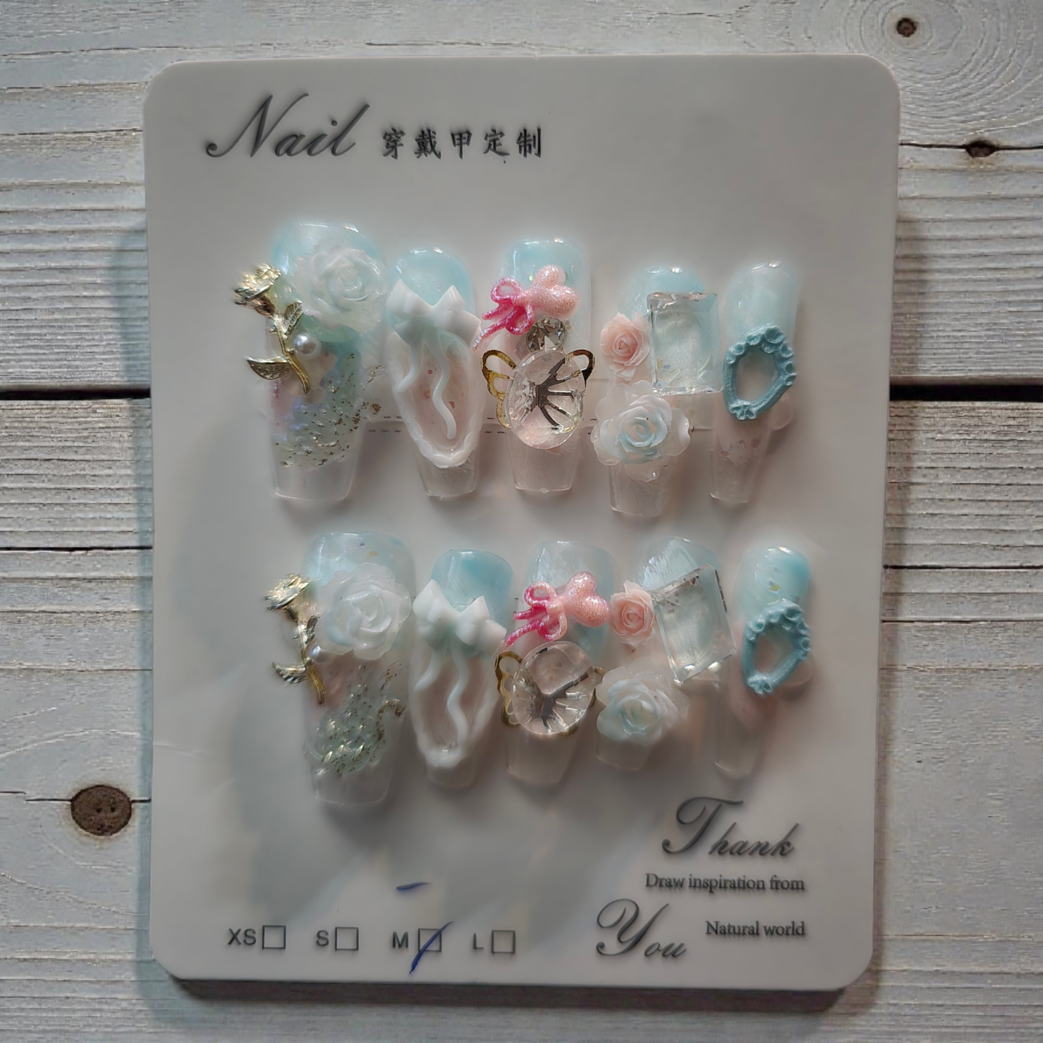 Coffin Cloud Marble with Gold Butterfly & Florals - Press On Nails (Medium)