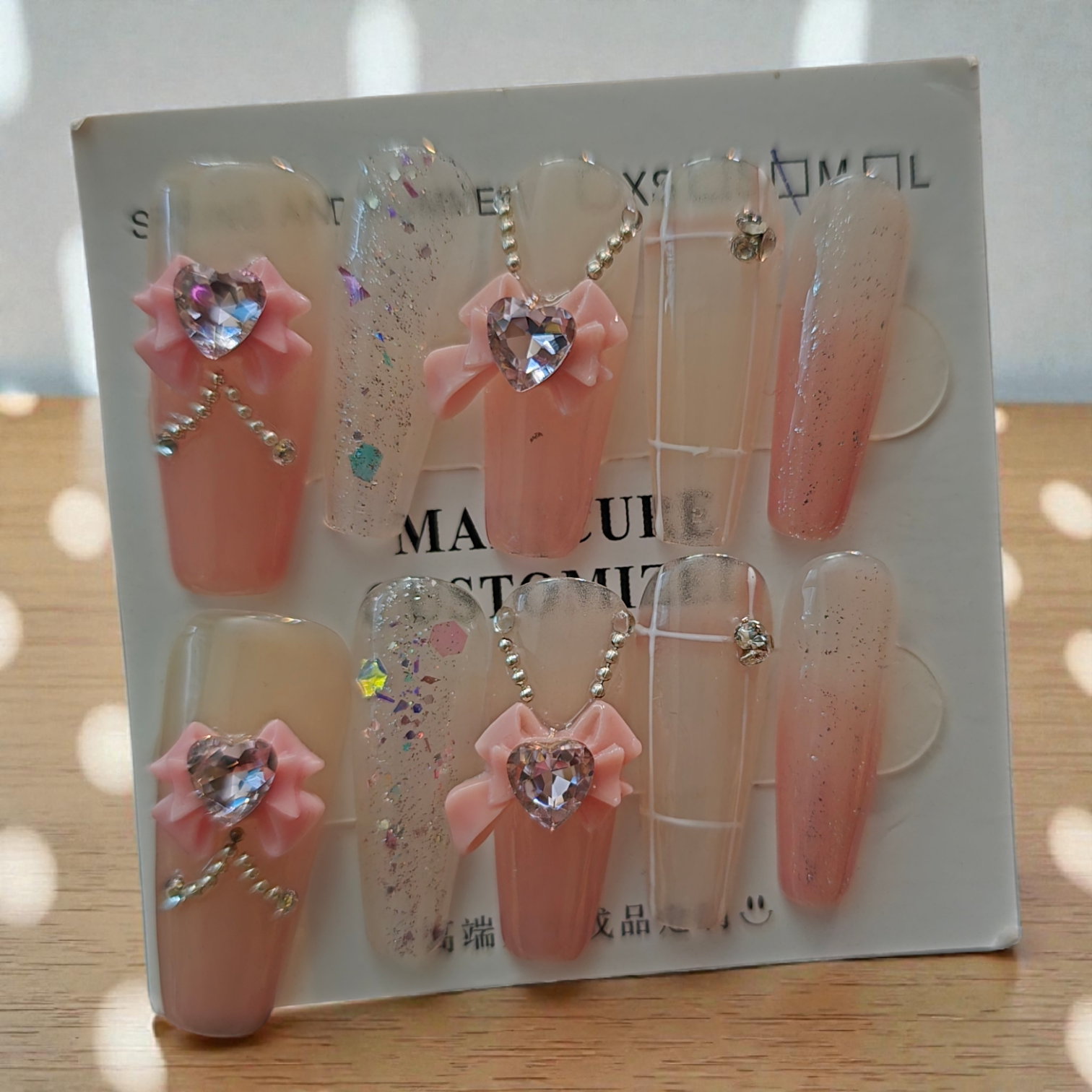 Coffin Pink Ombre with Heart Gems & Bows - Press On Nails (Medium)