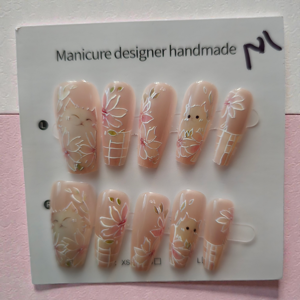 Coffin Nude Ombre with Floral Line Art & Cats - Press On Nails (Medium)