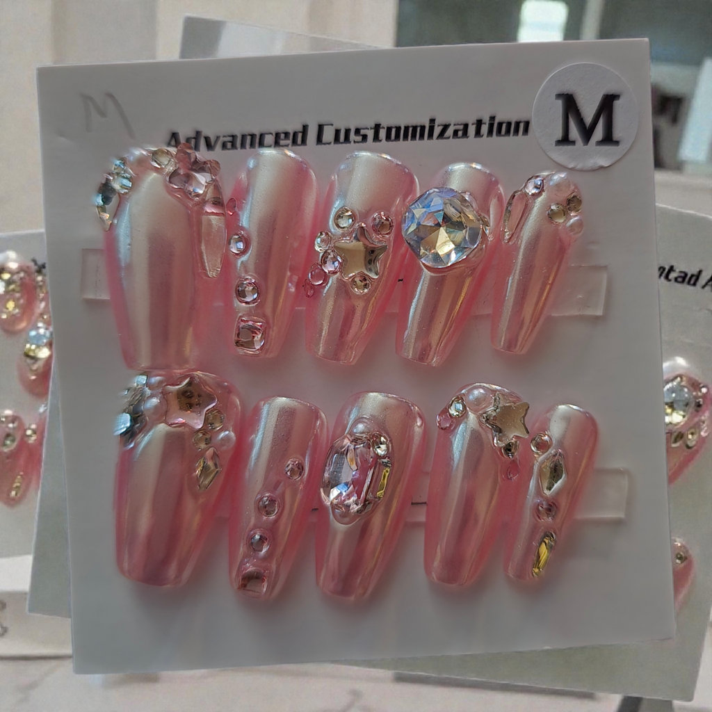 Coffin Pink Chrome with Holographic Gems - Press On Nails (Medium)