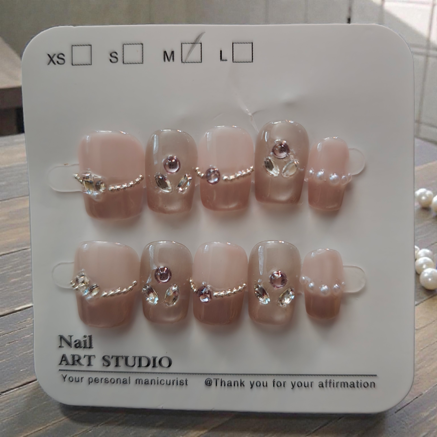 Medium Square Press-On Nails - Nude Rhinestone Elegance