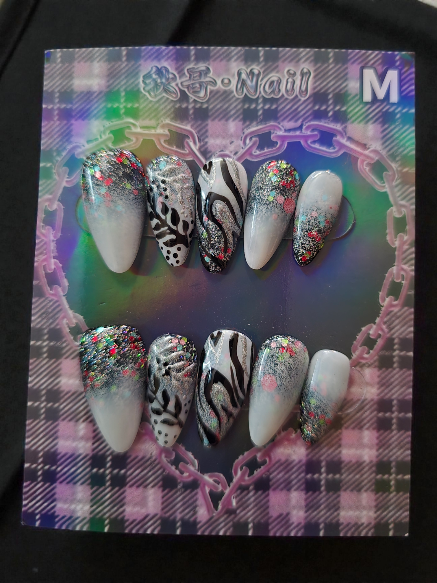 Medium Almond Press-On Nails - White Black Glitter Flames