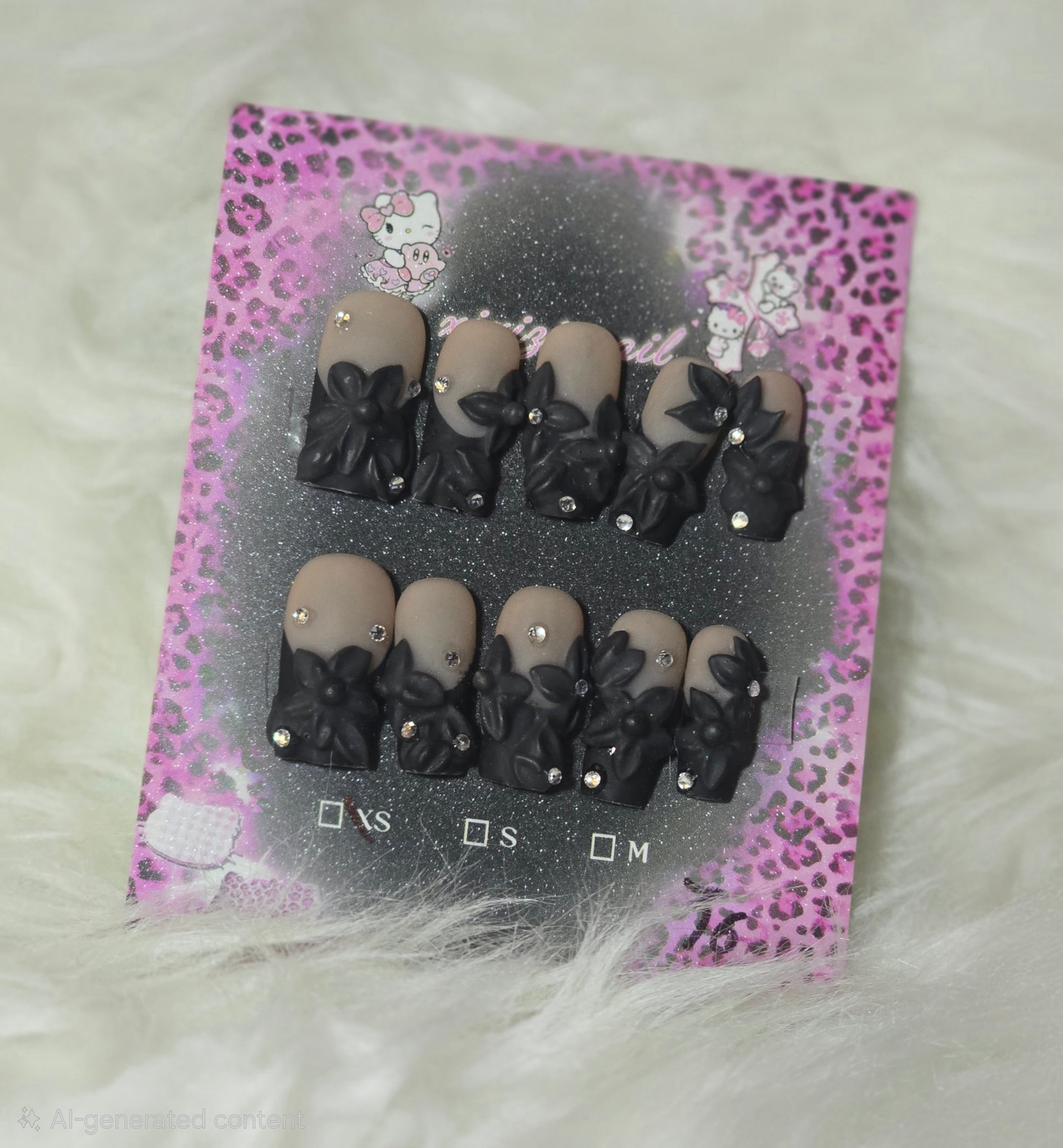 Nude Black Ombre 3D Flower Nail Set - Dark Romance