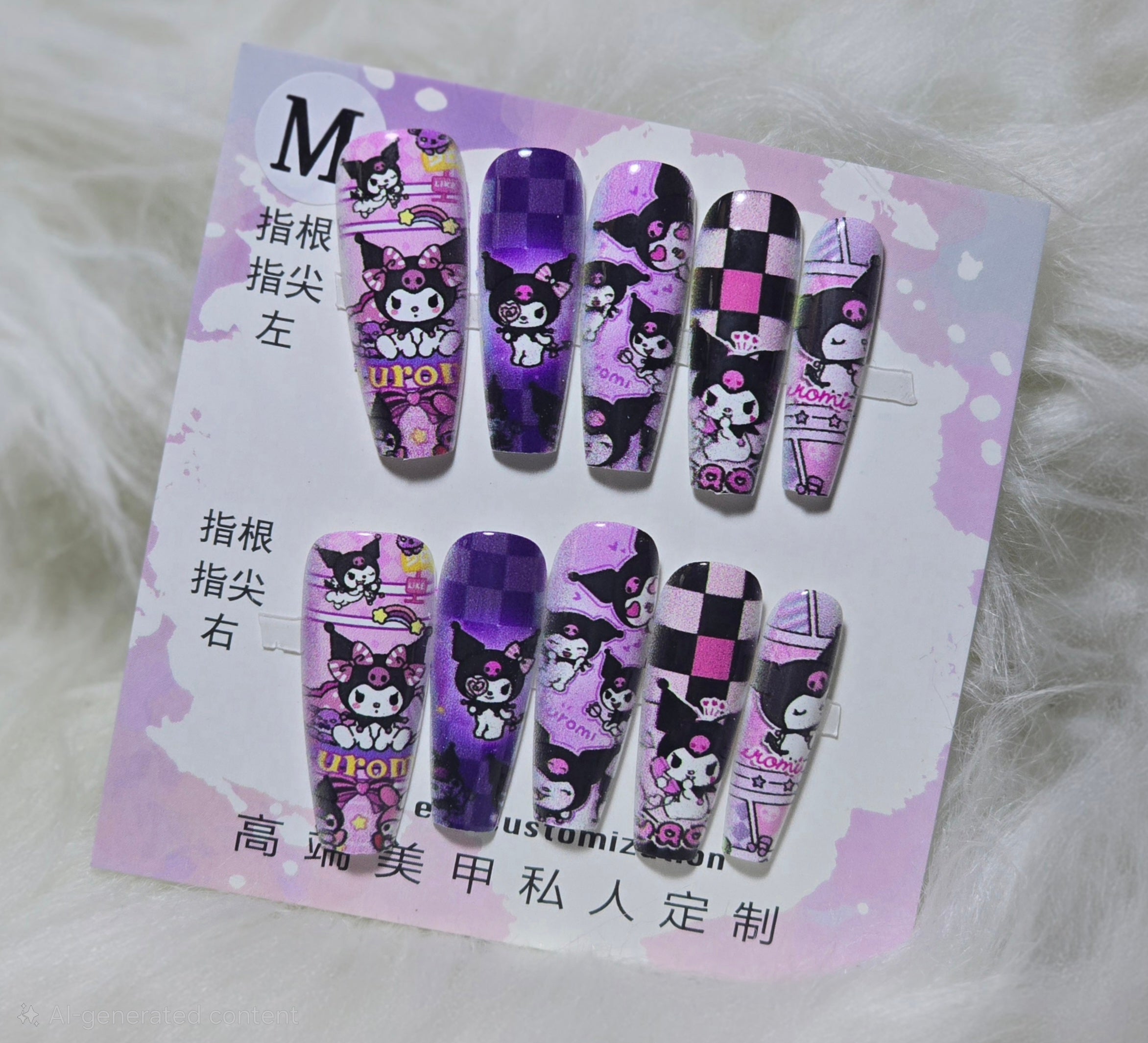Purple Kawaii Character Mix Nails - Medium