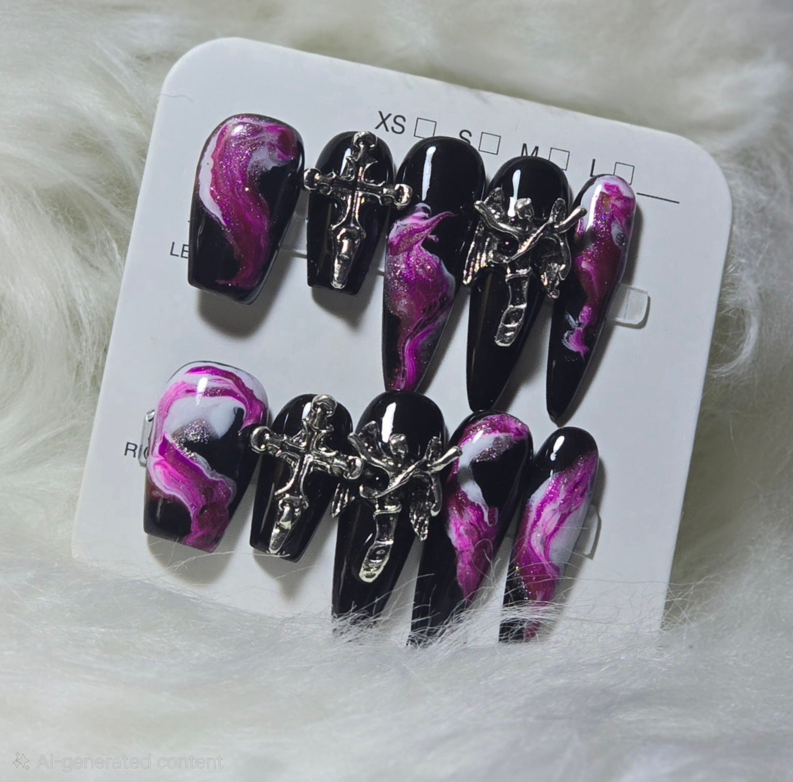 Black Purple Marble Gothic Cross Chain Nails - Small