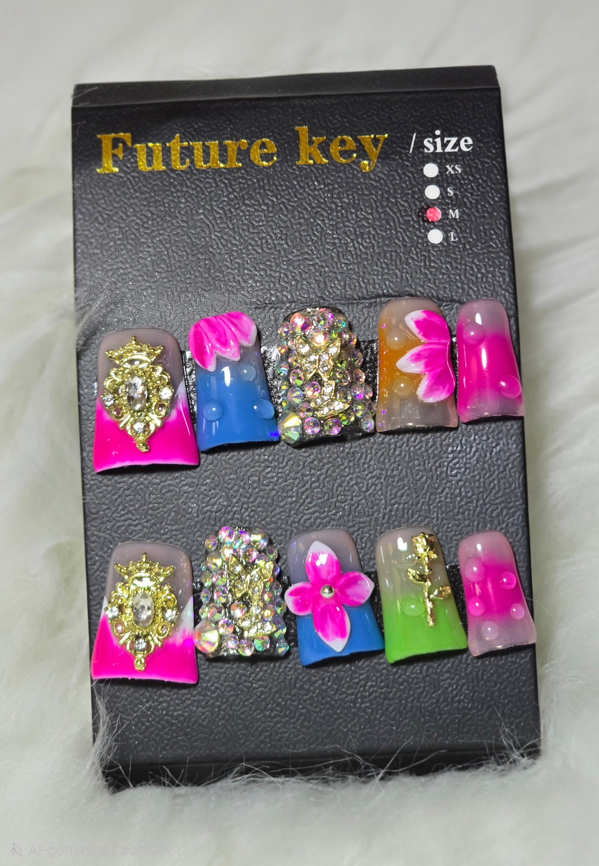 Neon Rainbow Ombre Bow Crystal Duck Nails