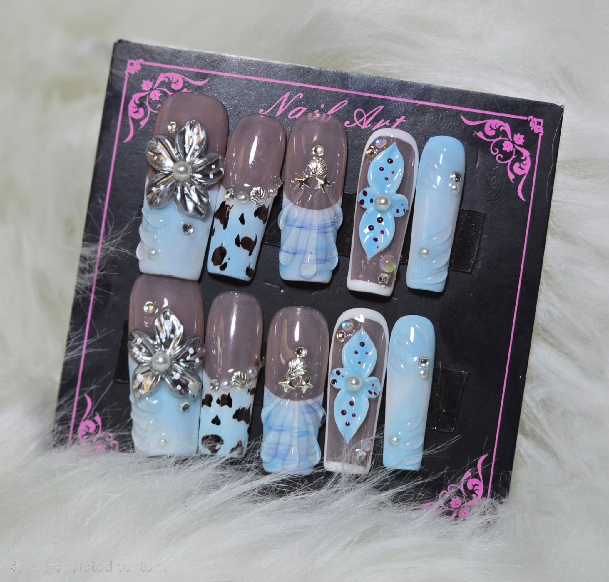 Blue Brown Leopard Butterfly Plaid Nails