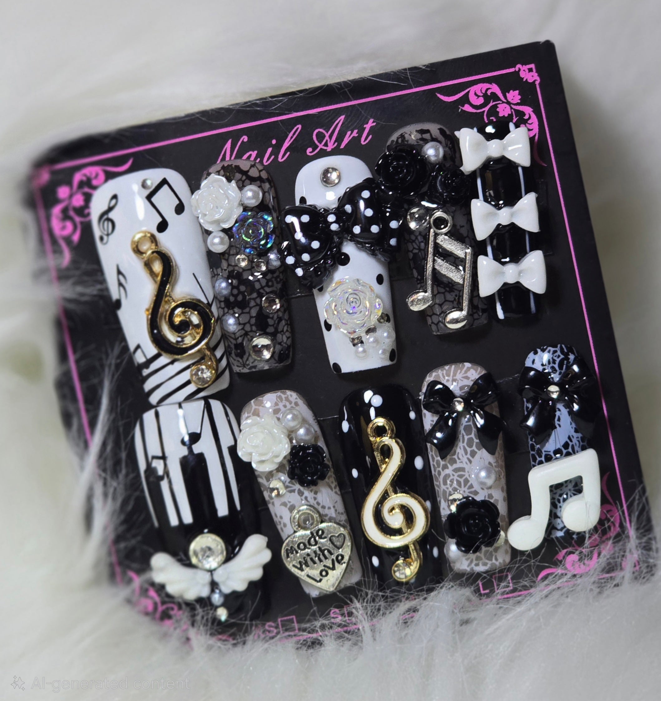 Black White Music Note Piano Bow Nails