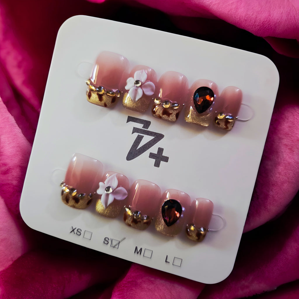 Gold Tip Burgundy Ruby 3D Flower - Press On Nails