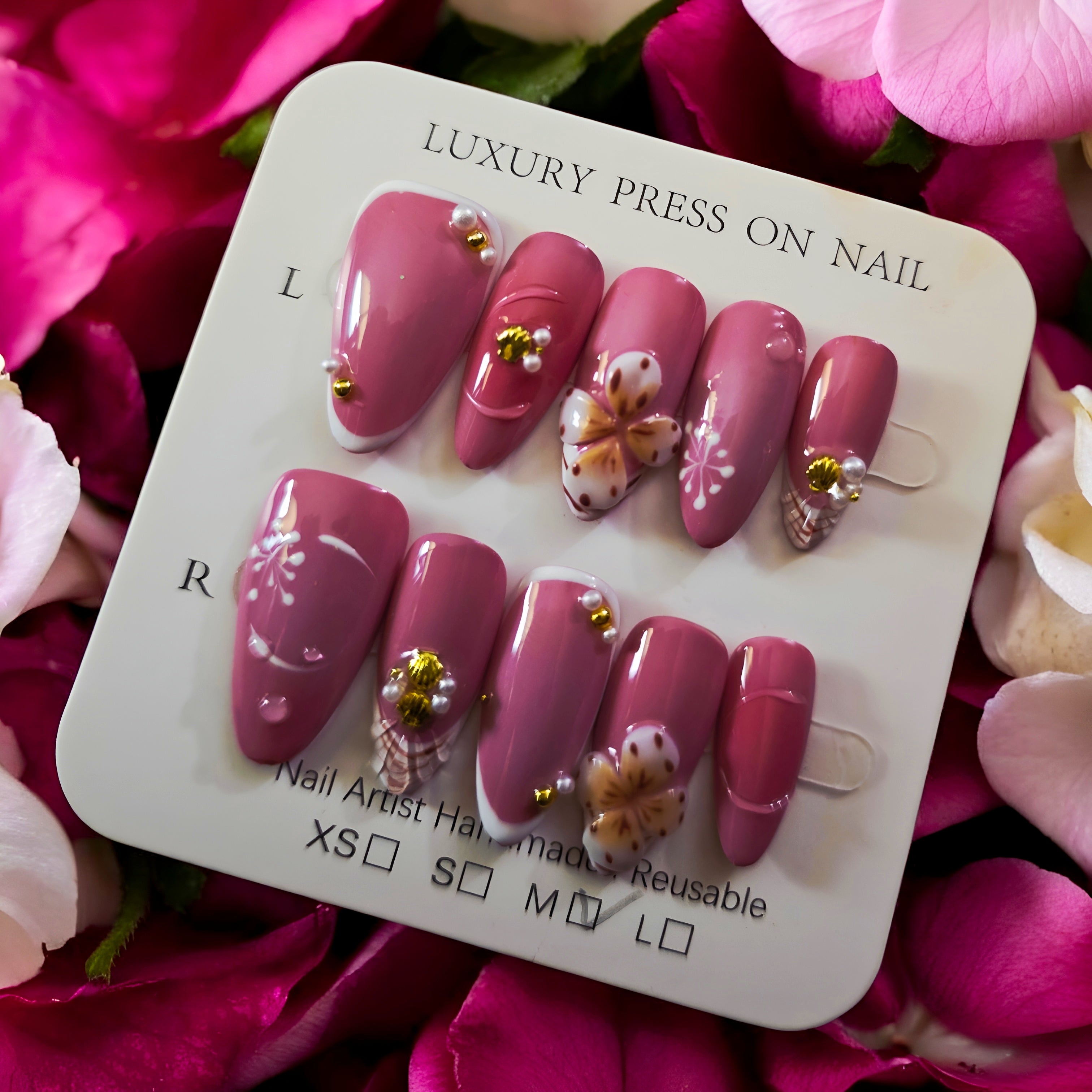 Rose Almond 3D Flowers & Bumble Bees - Press On Nails
