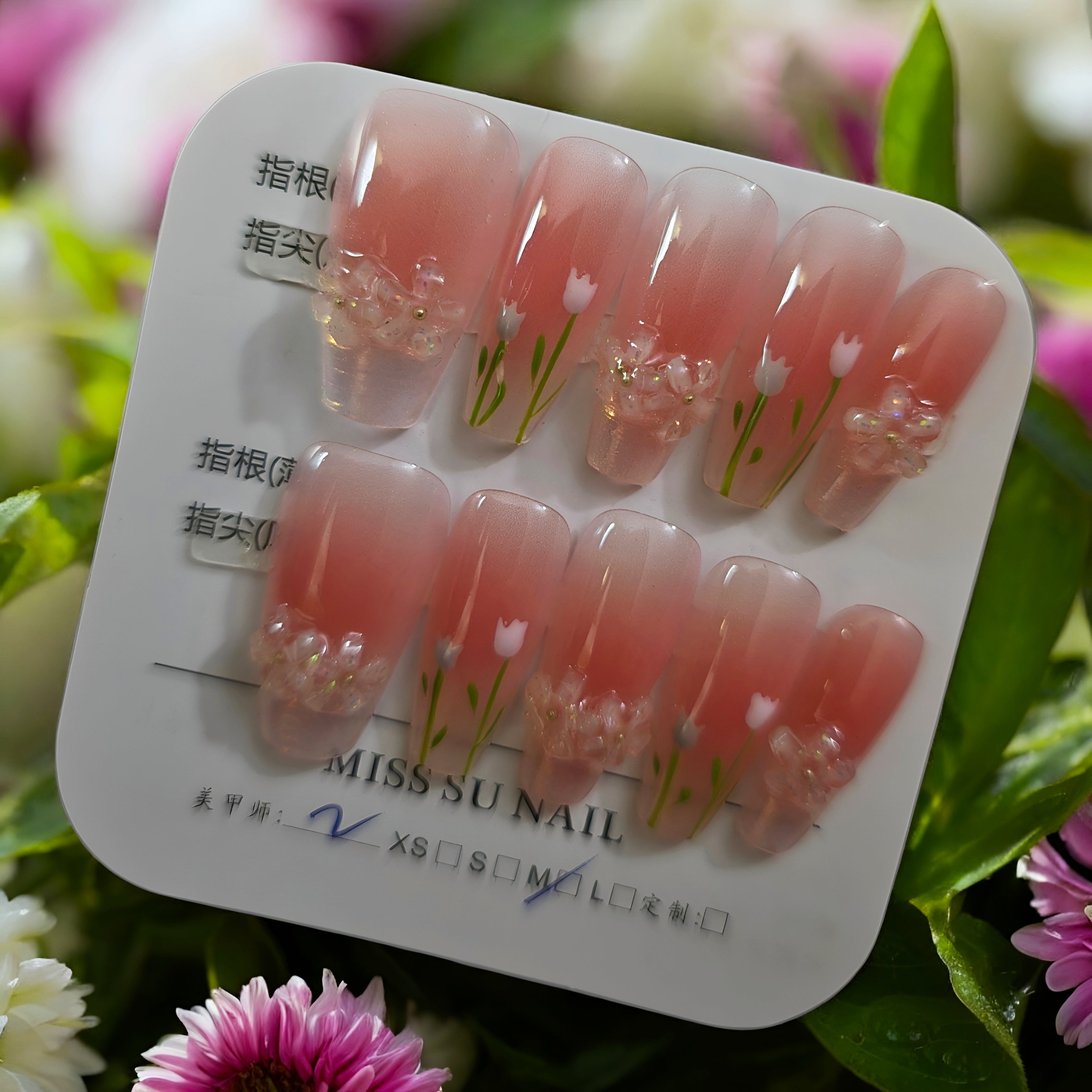 Coffin Pink Ombre with Tulips & Pearls - Press On Nails