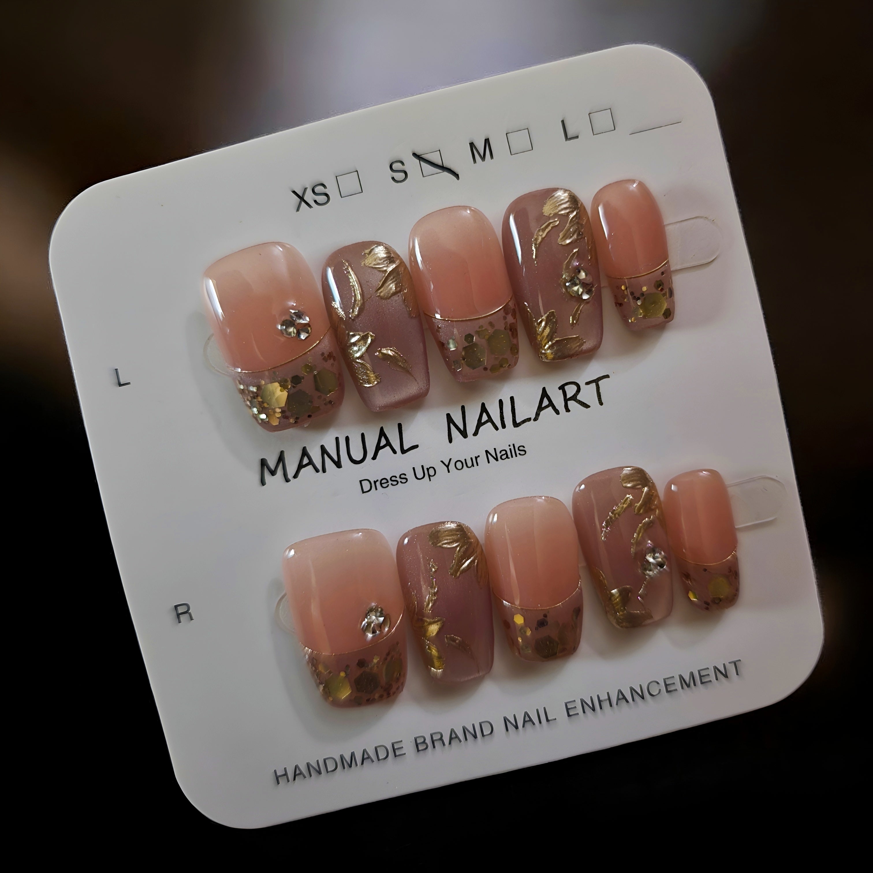 Gold Tip Rose Gold Floral - Press On Nails