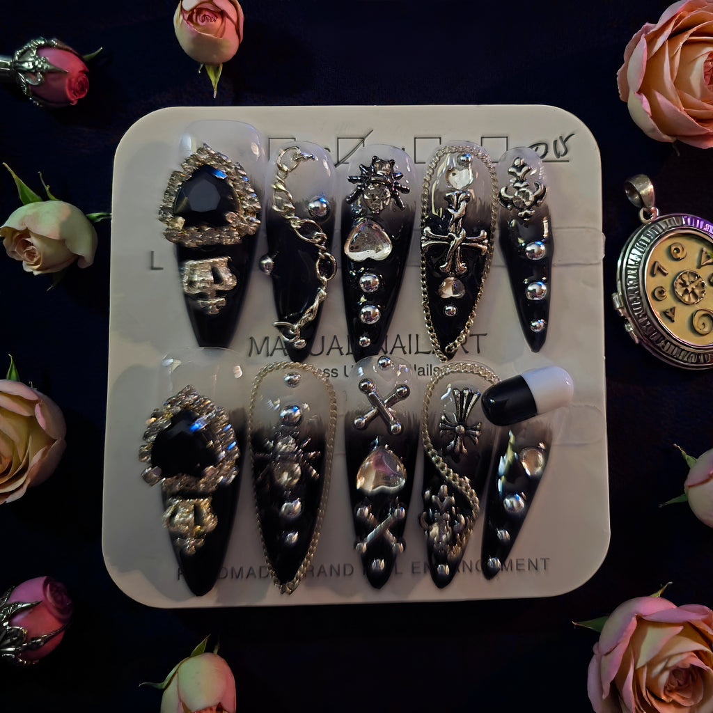 Gothic Black Ombre Stiletto Chains & Crosses - Press On Nails