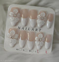 White Nude French Tip 3D Flower Rhinestone Nails