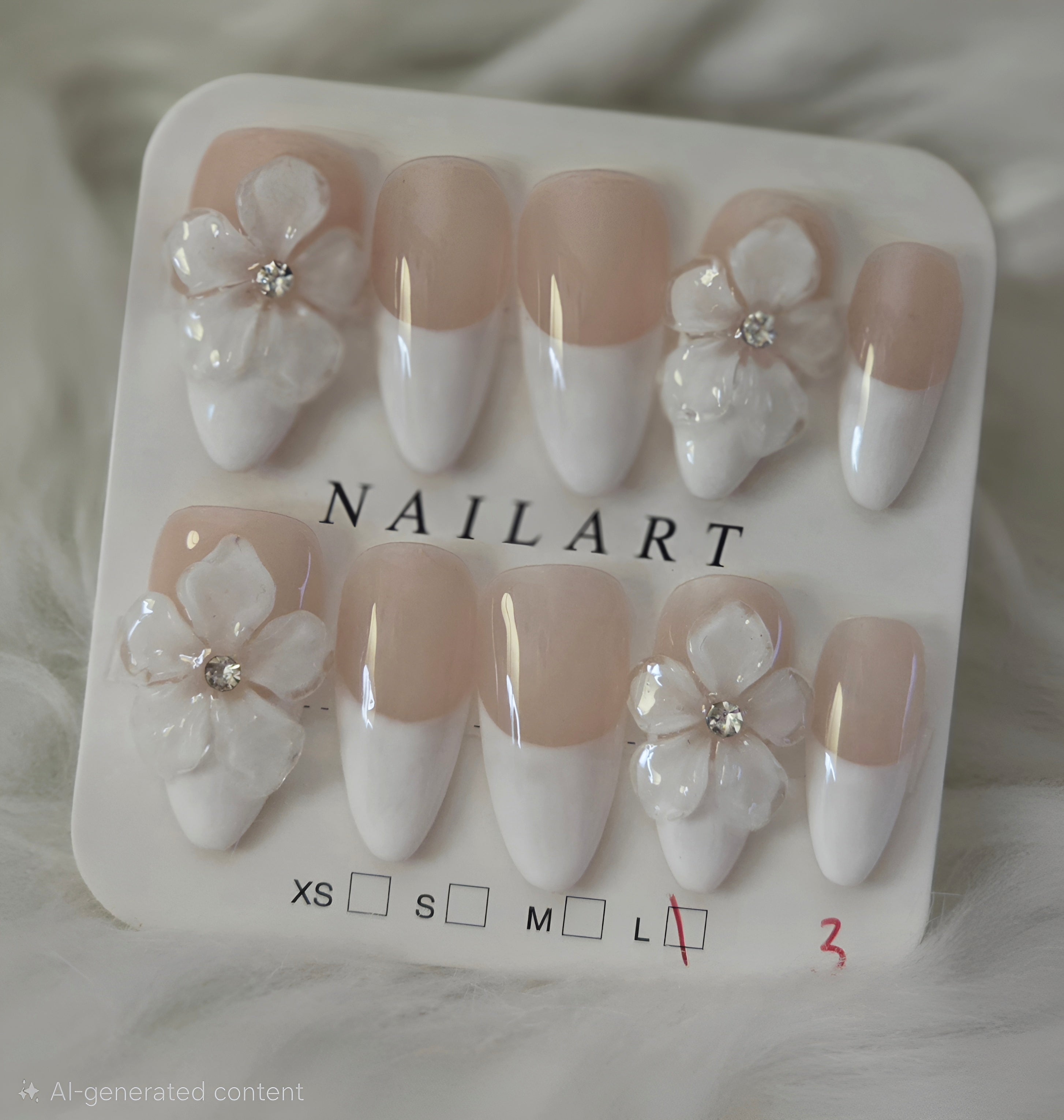 White Nude French Tip 3D Flower Rhinestone Nails