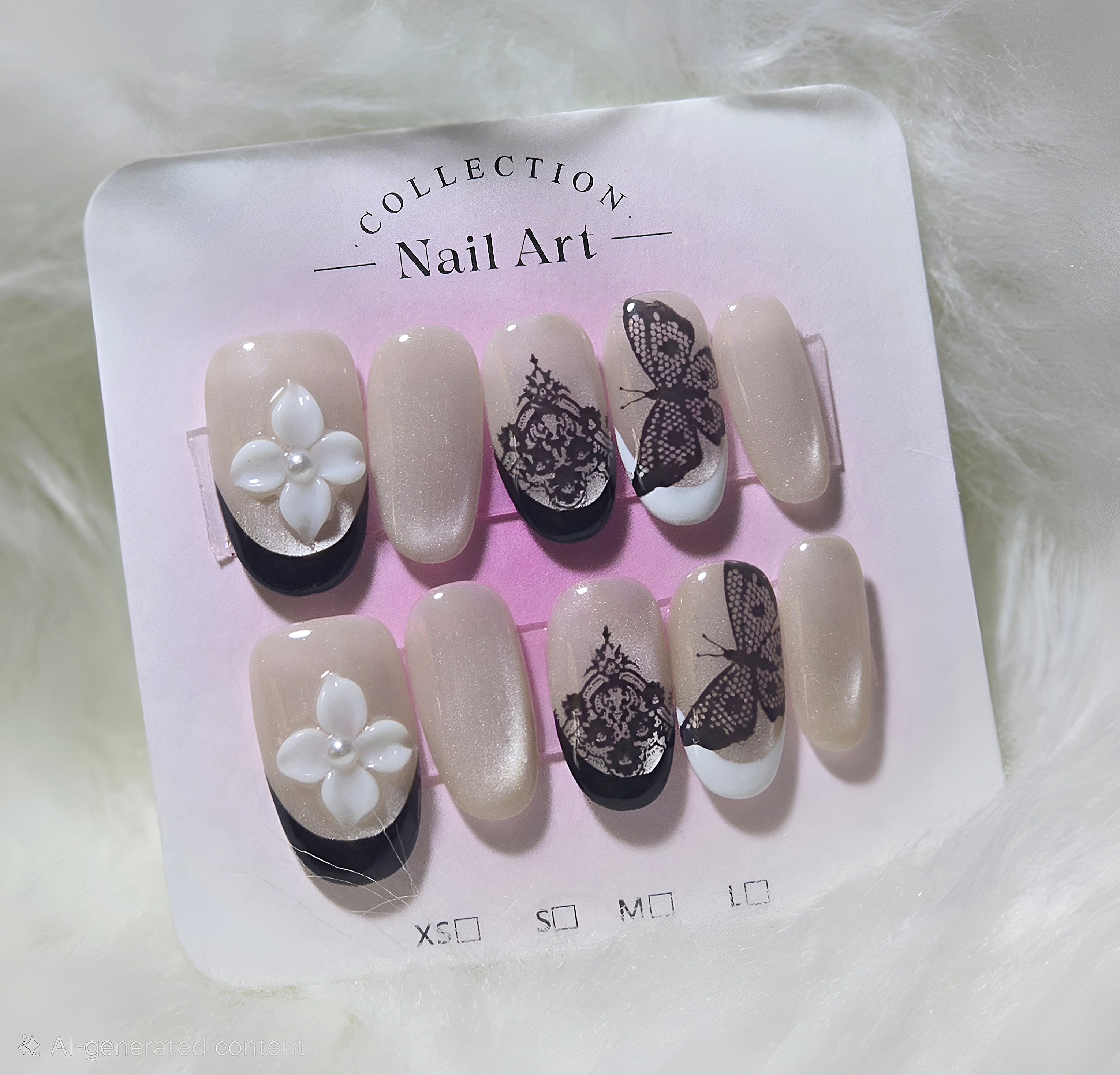 Nude Black Lace Pearl Butterfly Nails - Small