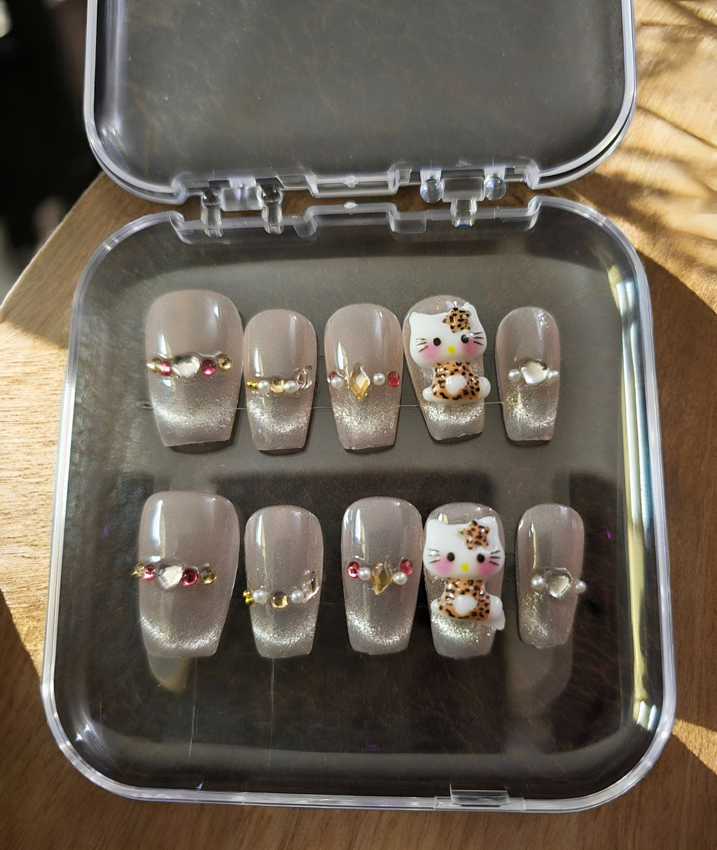 Coffin Hello Kitty Leopard with Glitter & Charms - Press On Nails