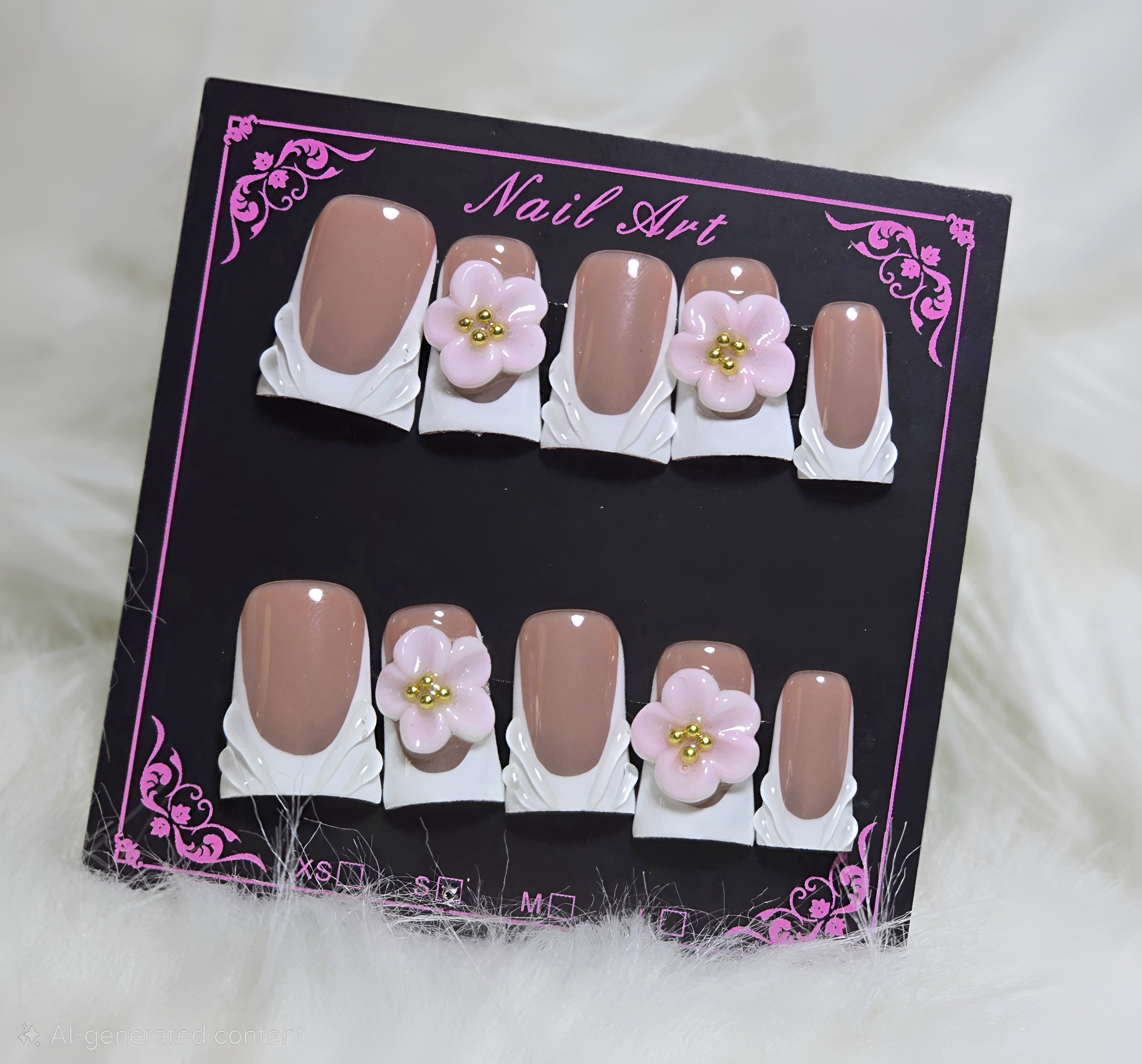 Nude Pink 3D Flower Gold Stud Nails