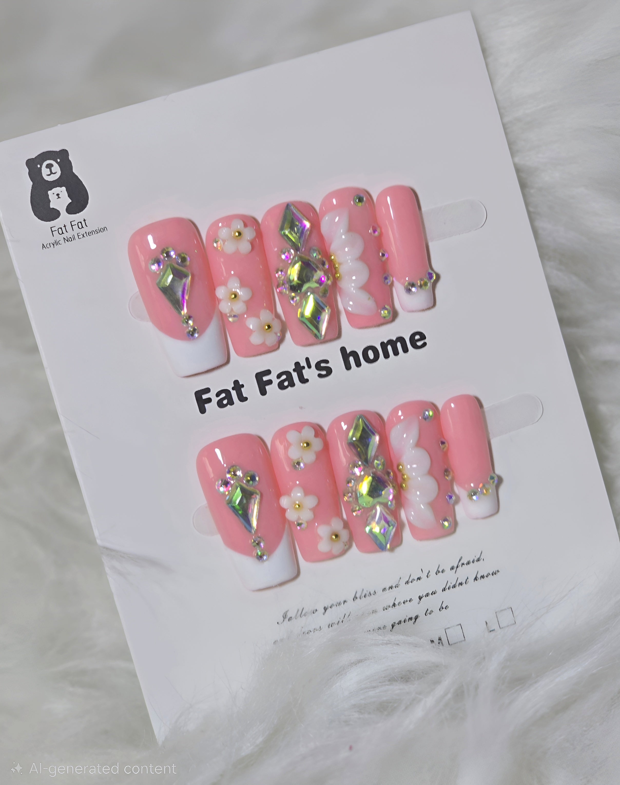 Pink Holographic Crystal Flower Nail Set - Crystal Garden
