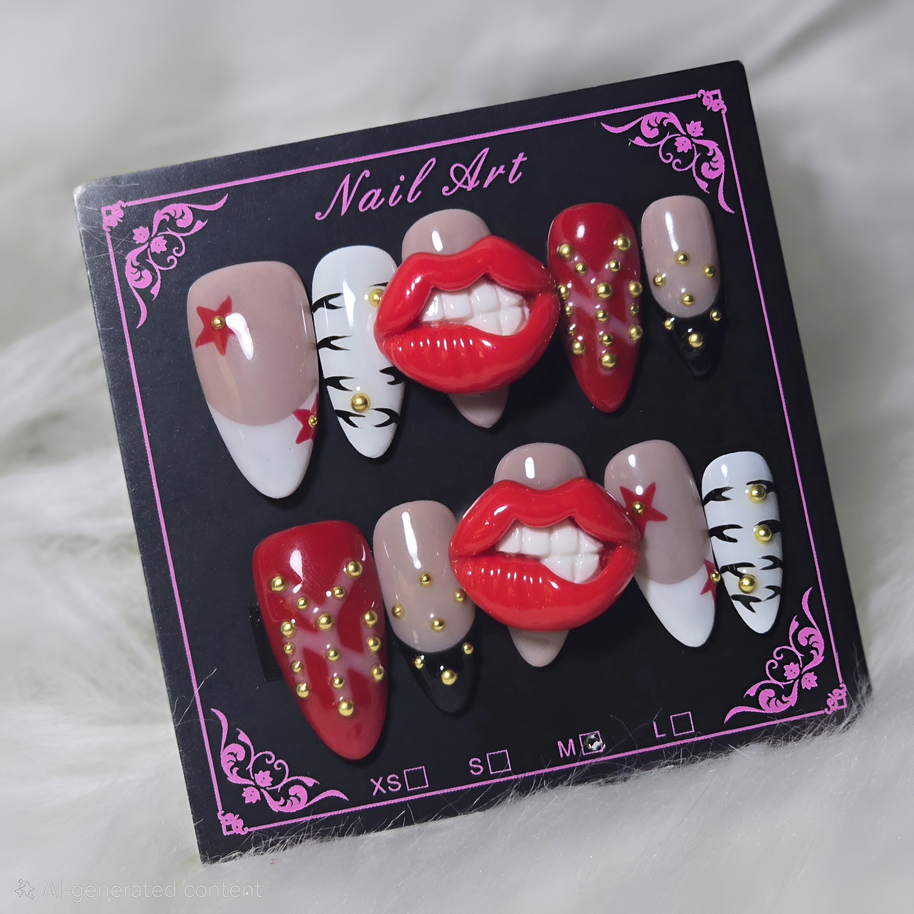 Red Lips Gold Studs Zebra Stripe Bow Nails