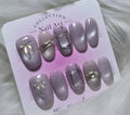 Mauve Grey Shimmer Silver Chain Bow Nails