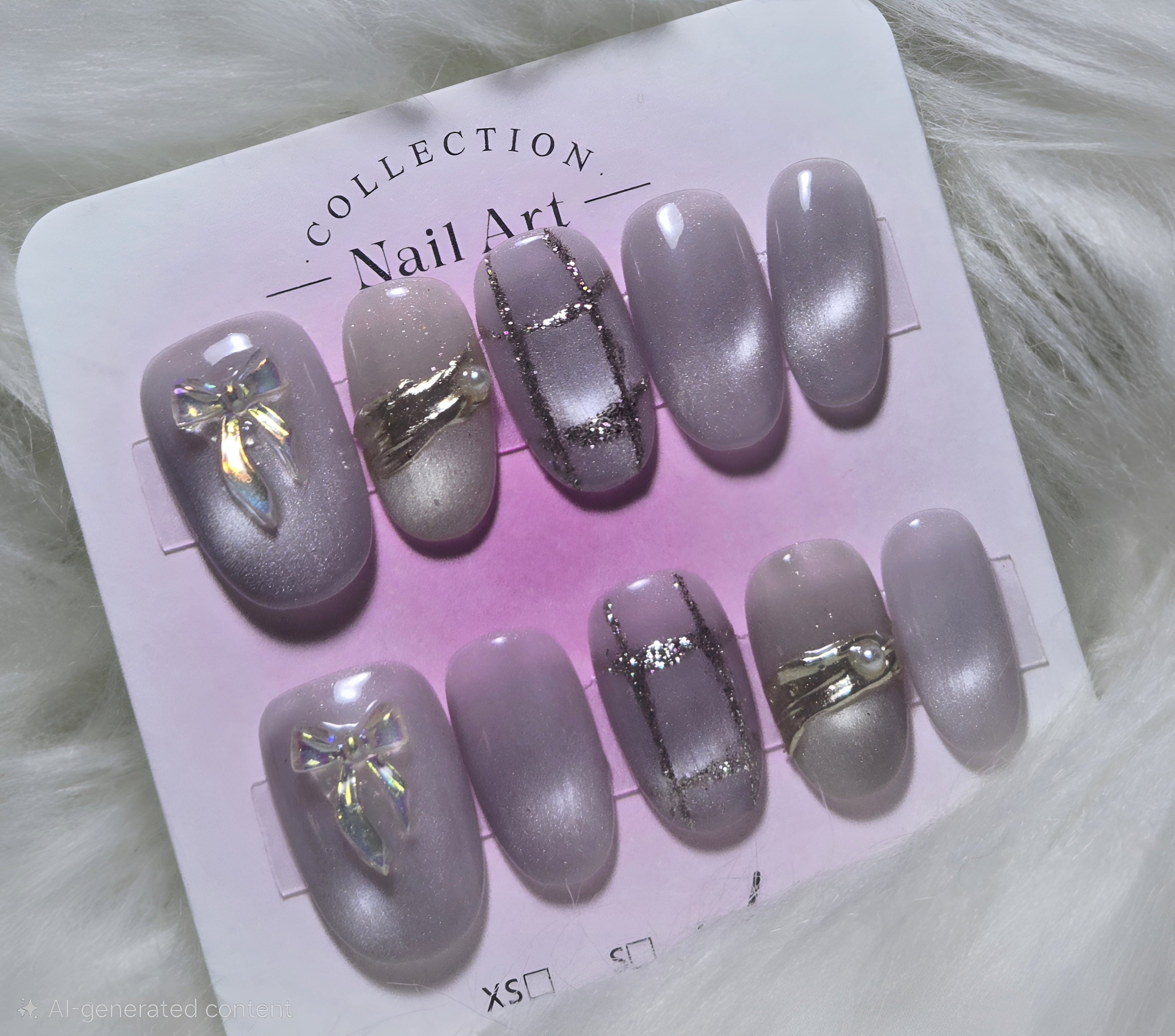 Mauve Grey Shimmer Silver Chain Bow Nails
