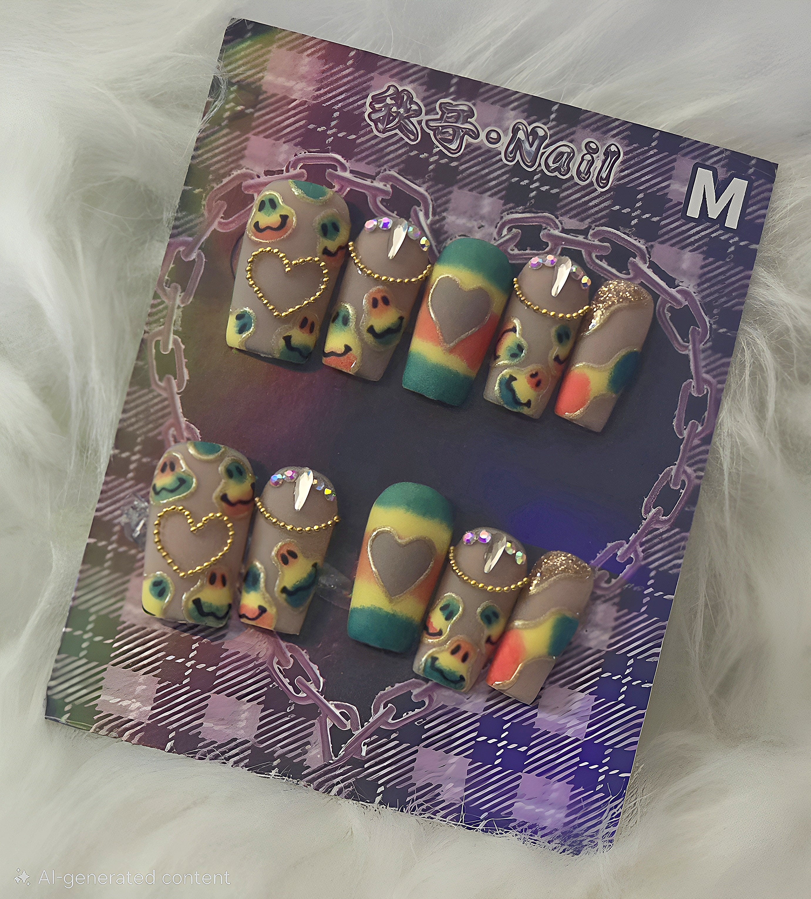 Rainbow Tie-Dye Cow Print Heart Nails - Medium