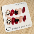 Red Nude Panda Coffin Nails with Black Bow - Press On Nails