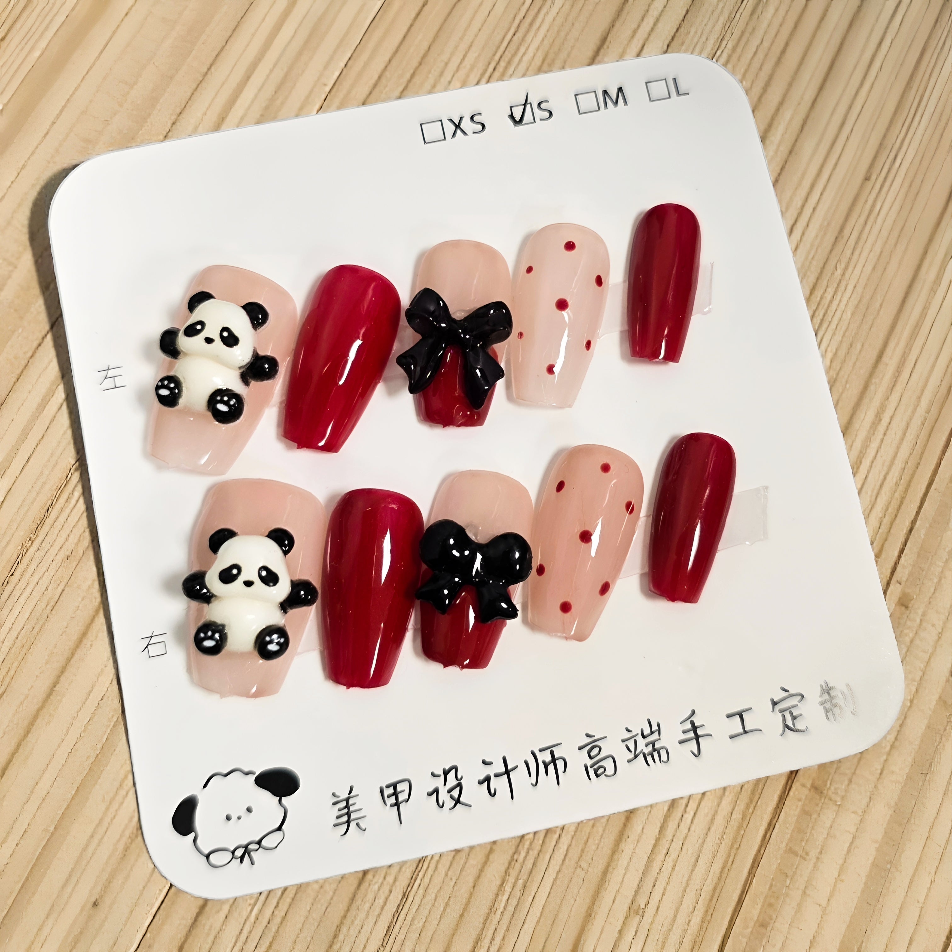 Red Nude Panda Coffin Nails with Black Bow - Press On Nails