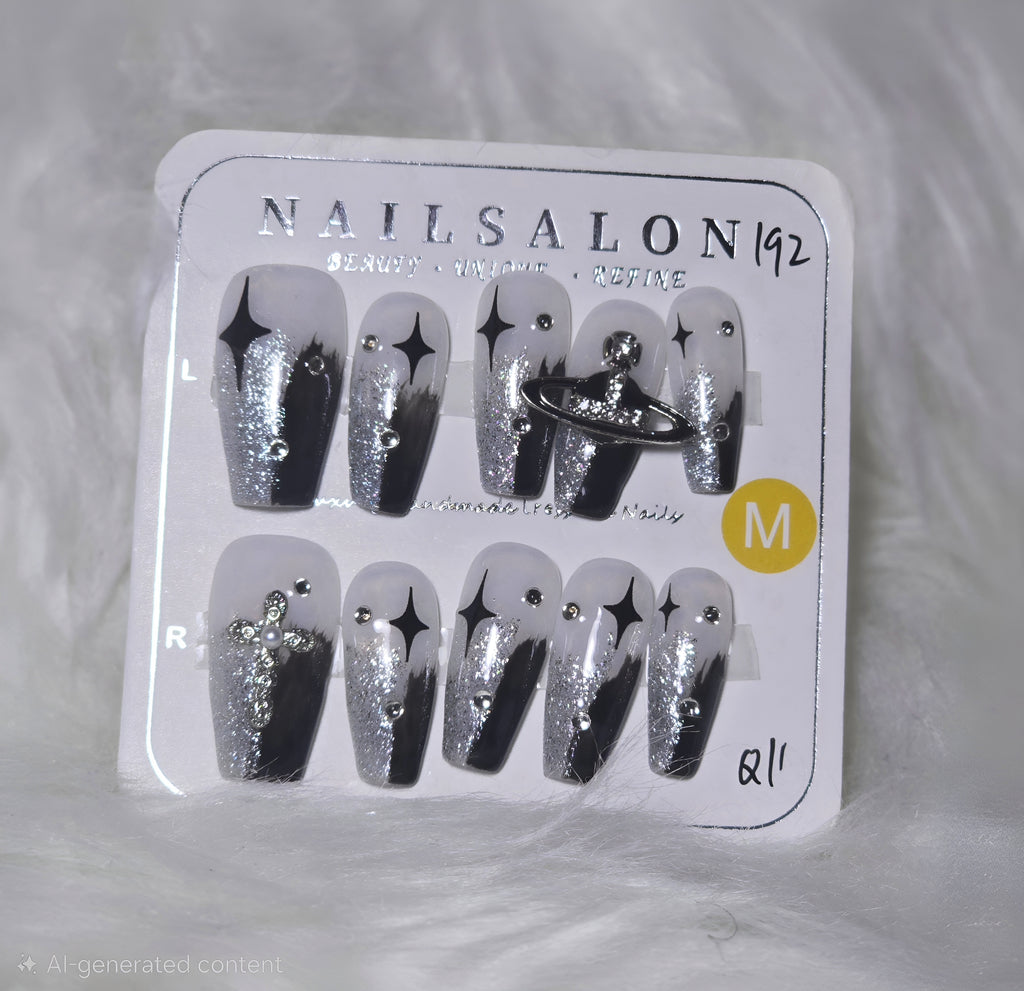 Grey Silver Glitter Star Saturn Ring Nail Set - Cosmic Galaxy