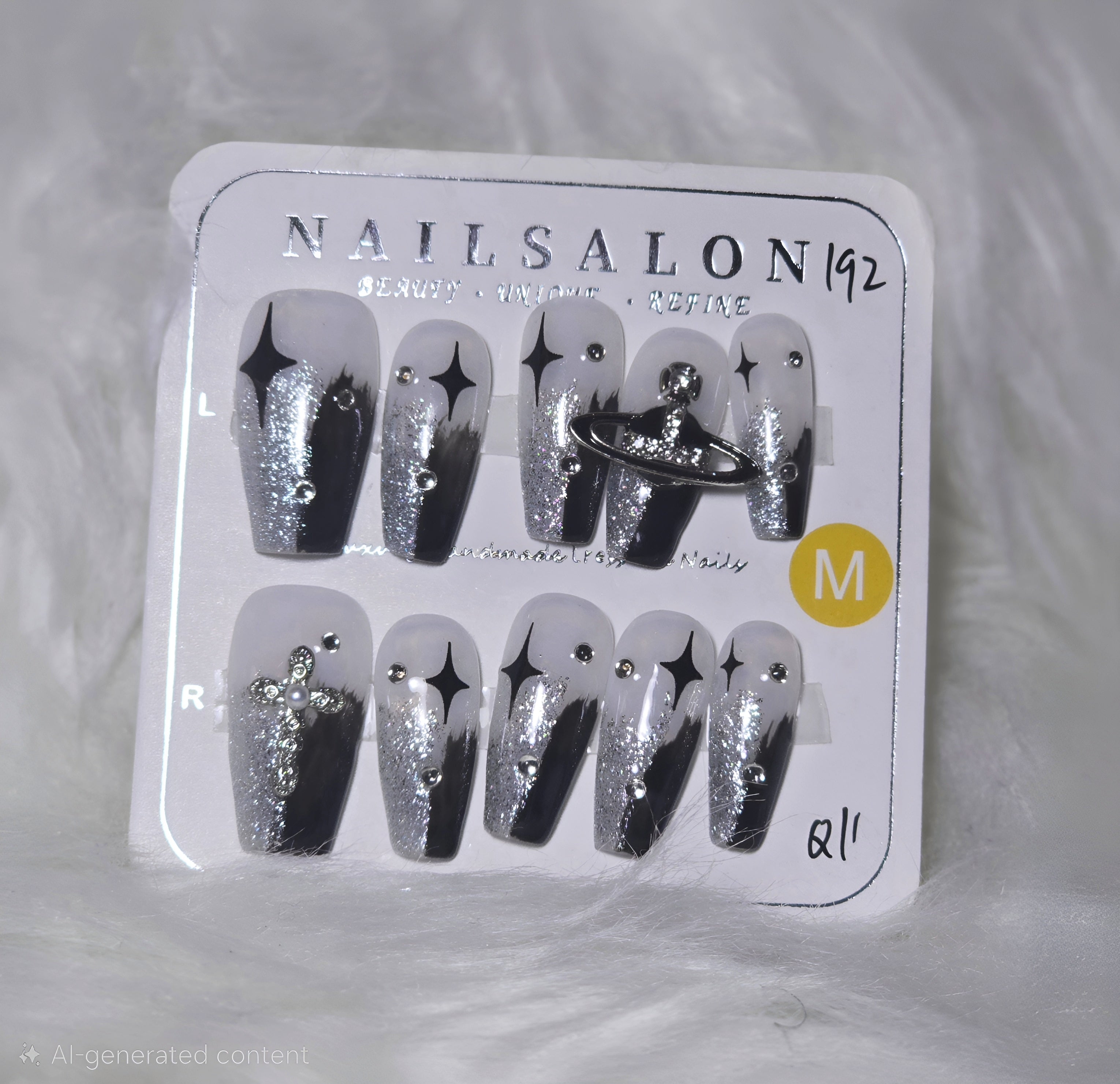Grey Silver Glitter Star Saturn Ring Nail Set - Cosmic Galaxy