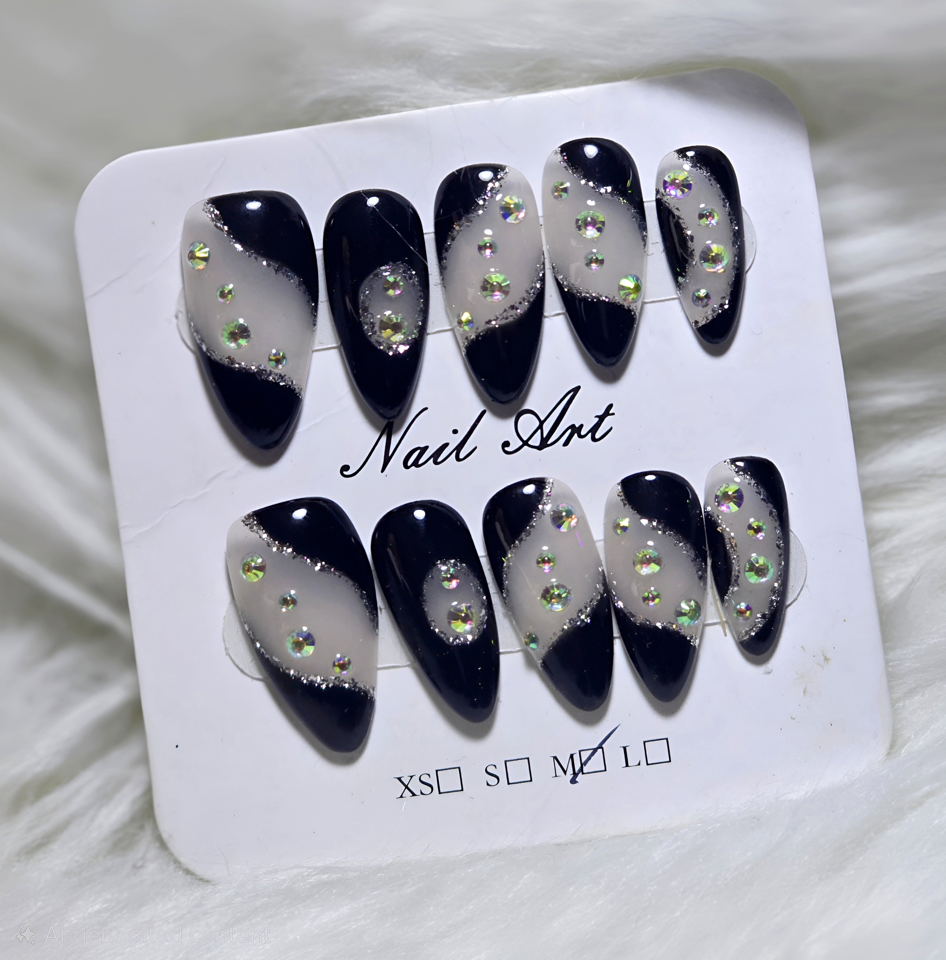 Black Grey Ombre Silver Glitter Crystal Nails