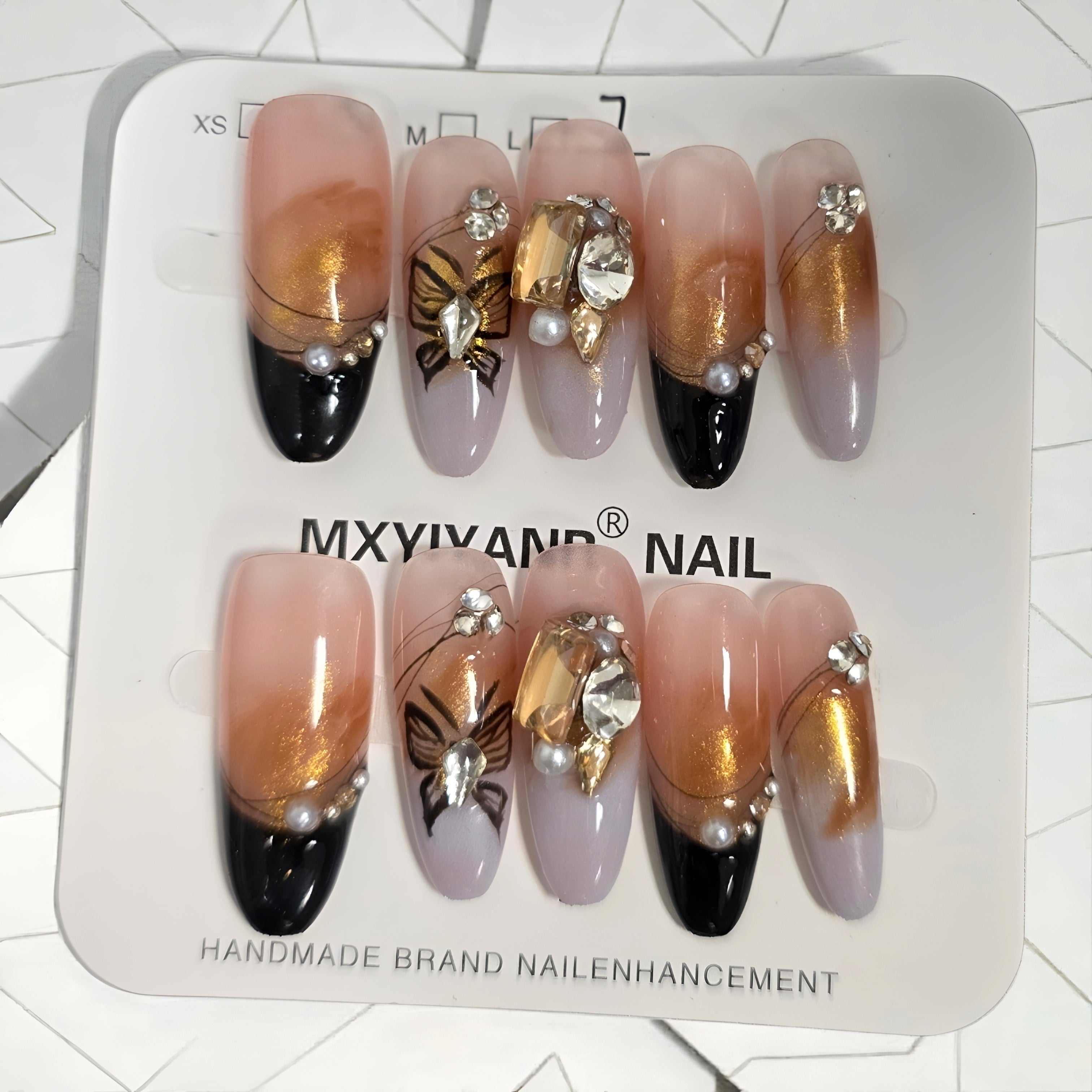 Gold Black Butterfly Coffin Nails with Rhinestones - Press On Nails