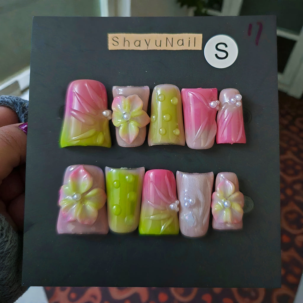 Small Duck Press-On Nails - Pink Yellow Ombre Floral