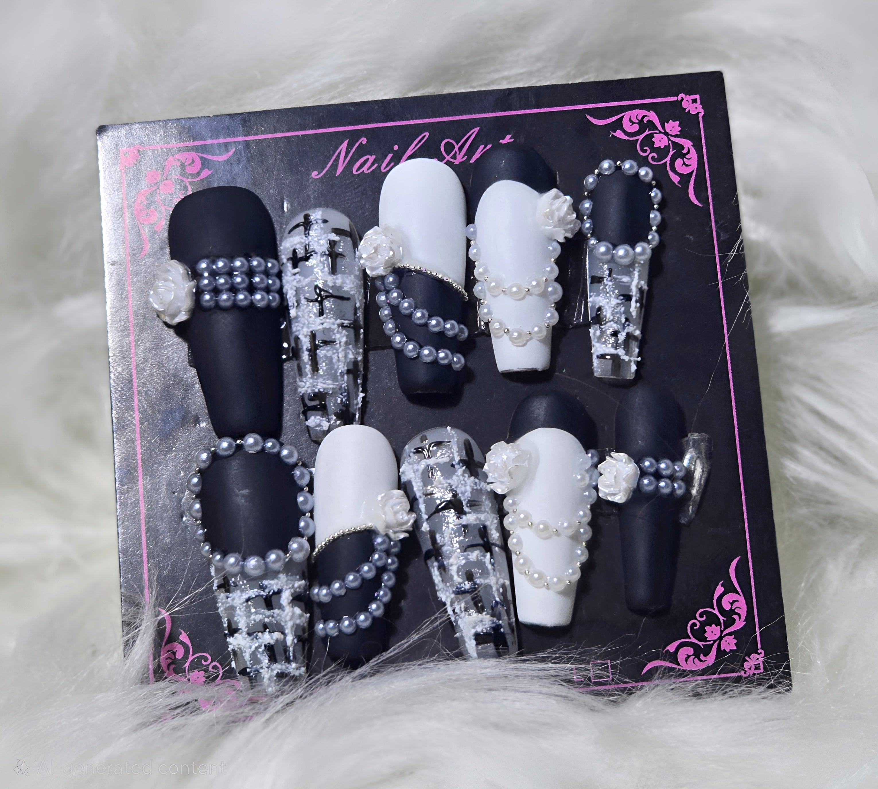 Black White Pearl Chain Flower Nails