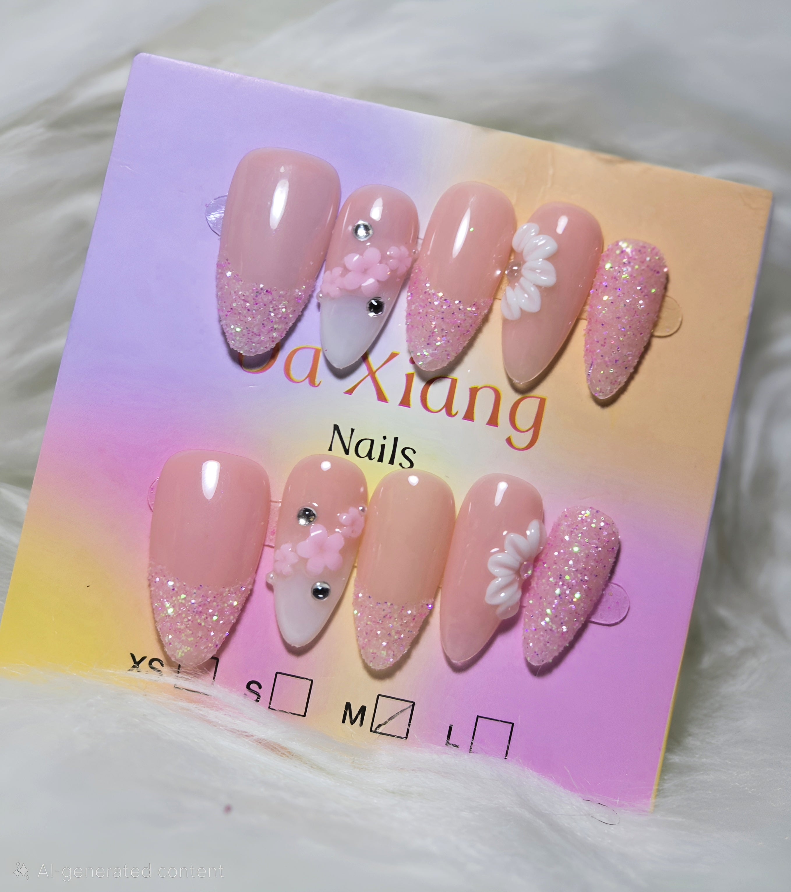 Pink Glitter Flower Press-On Nail Set