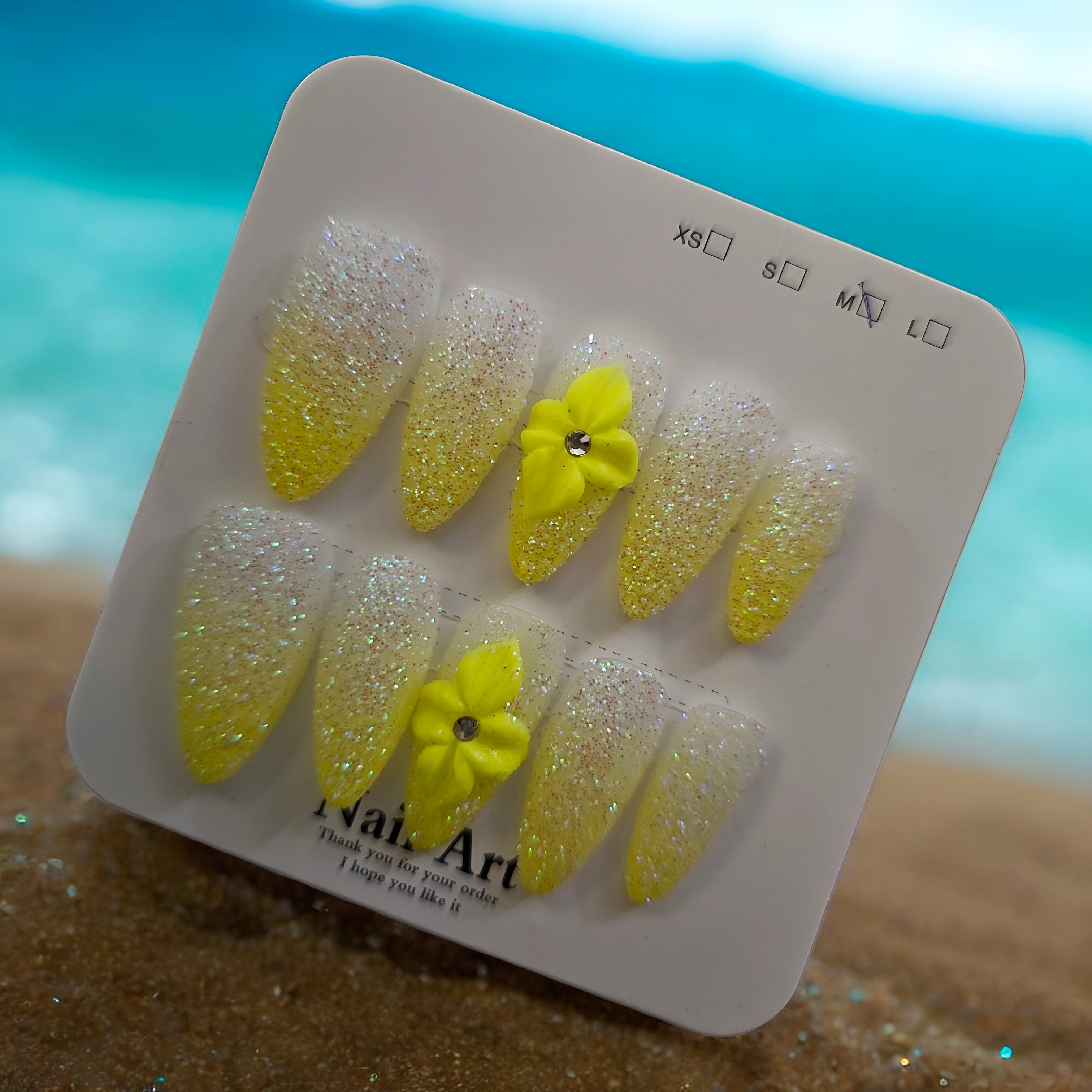 Yellow Sugar Glitter Ombre with Flowers - Press On Nails