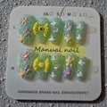 Mint Green Glitter Bow & Coffin Sugar Nails with Flowers - Press On Nails